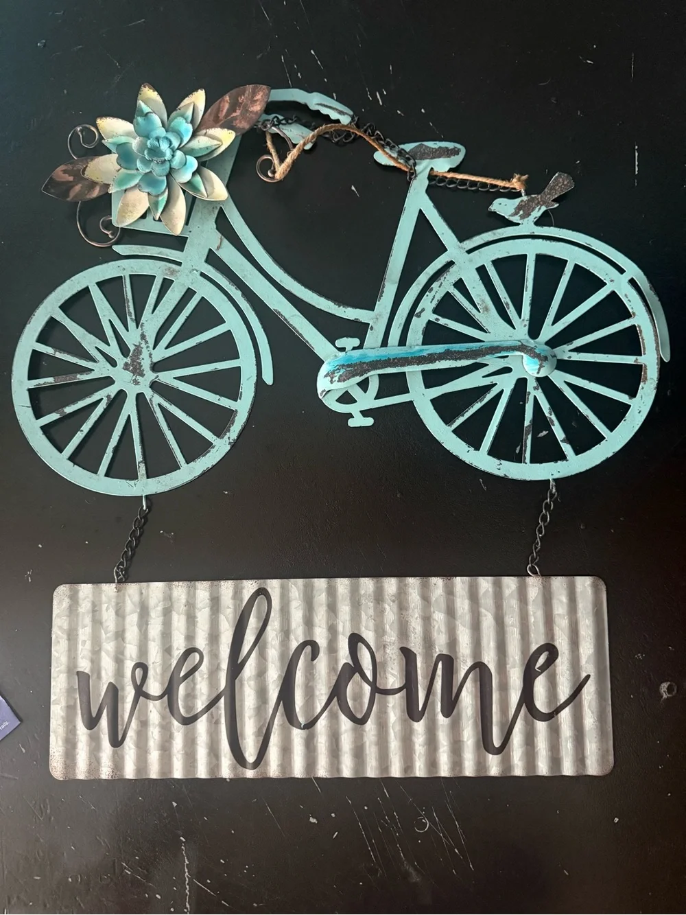 Turquoise Metal Bicycle Welcome Wall Sign
